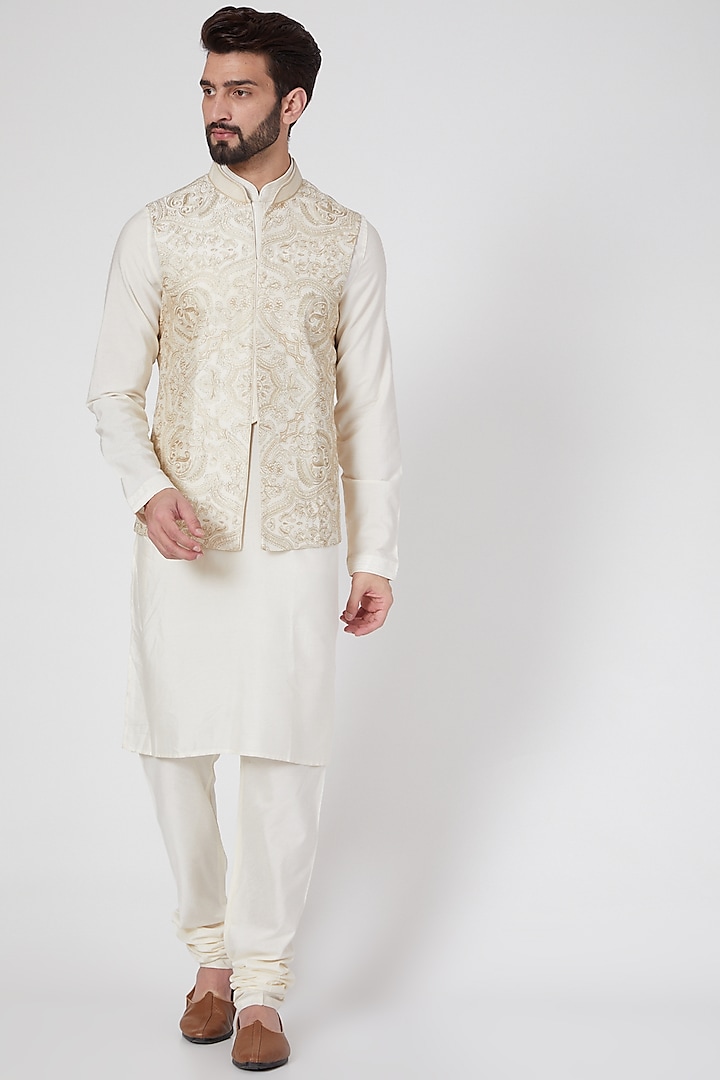 Beige Raw Silk Nehru Jacket Set by Vanshik