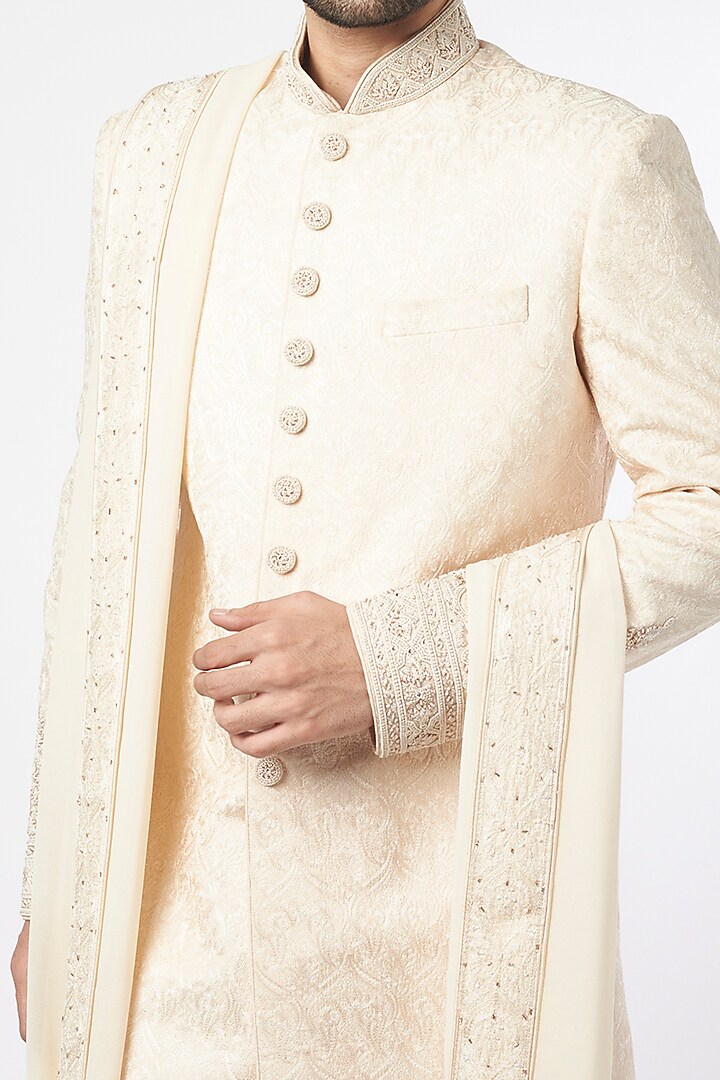 Blush Pink Chanderi Hand Embroidered Groom Sherwani Set by Vanshik at Pernia's Pop Up Shop