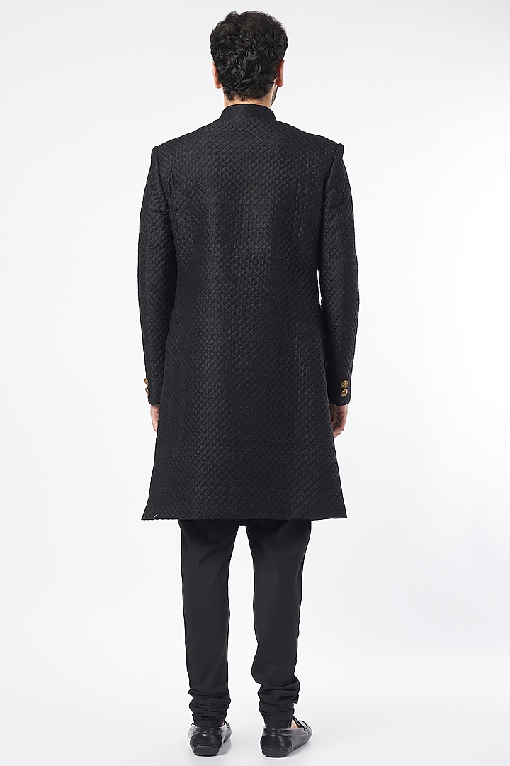 Black Raw Silk Quilted Wedding Sherwani Set by Vanshik at Pernia's Pop Up Shop