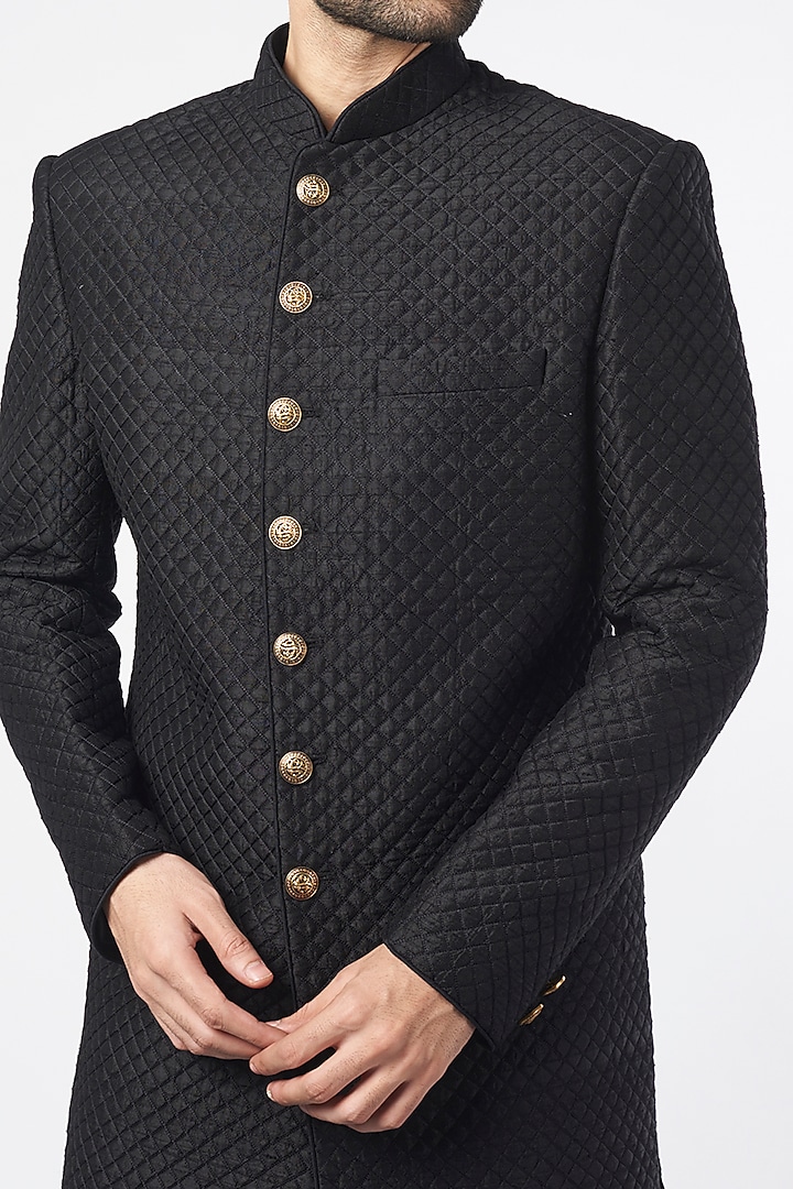 Black Raw Silk Quilted Wedding Sherwani Set by Vanshik at Pernia's Pop Up Shop