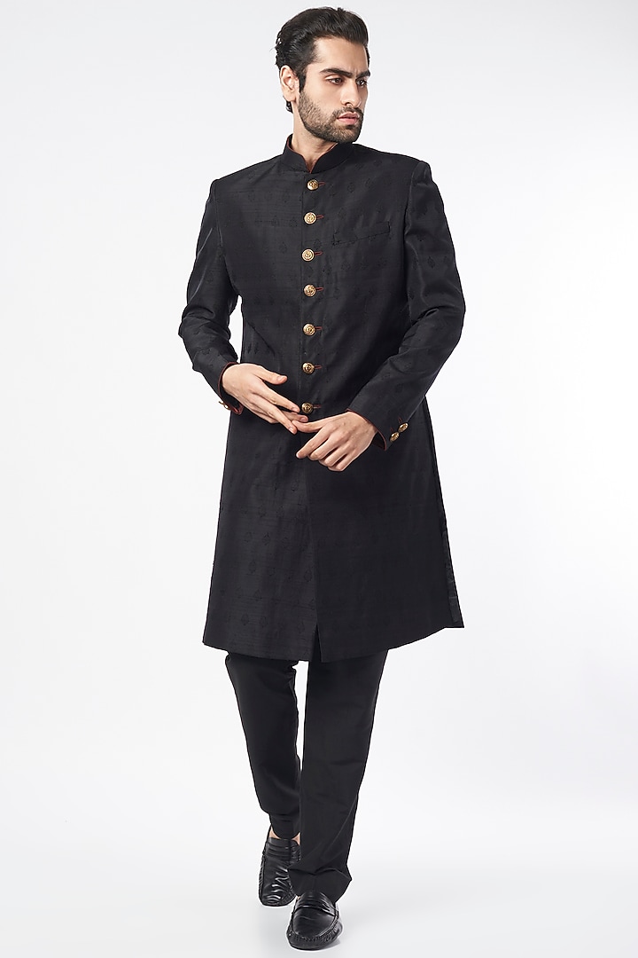 Black Raw Silk Wedding Sherwani Set by Vanshik at Pernia's Pop Up Shop