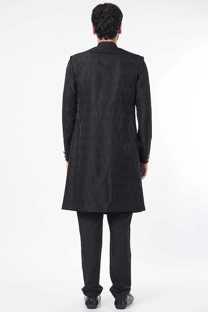 Black Raw Silk Wedding Sherwani Set by Vanshik at Pernia's Pop Up Shop