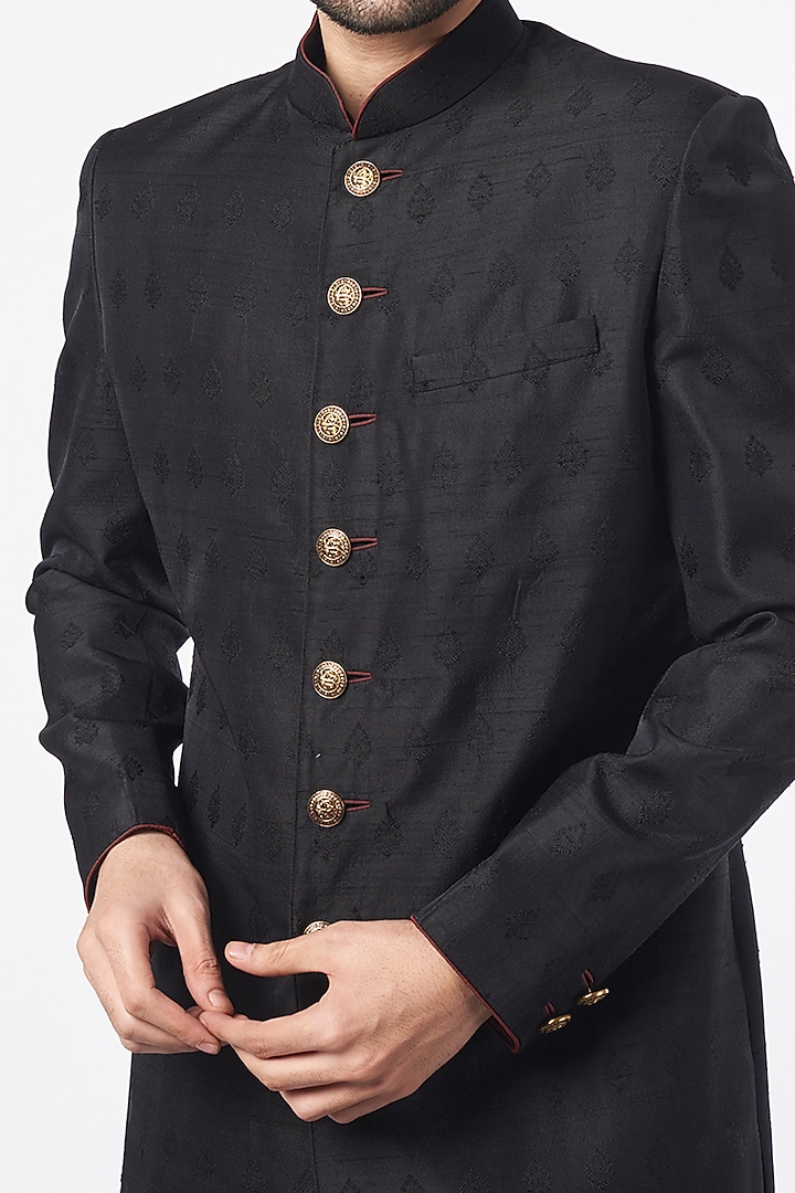 Black Raw Silk Wedding Sherwani Set by Vanshik at Pernia's Pop Up Shop