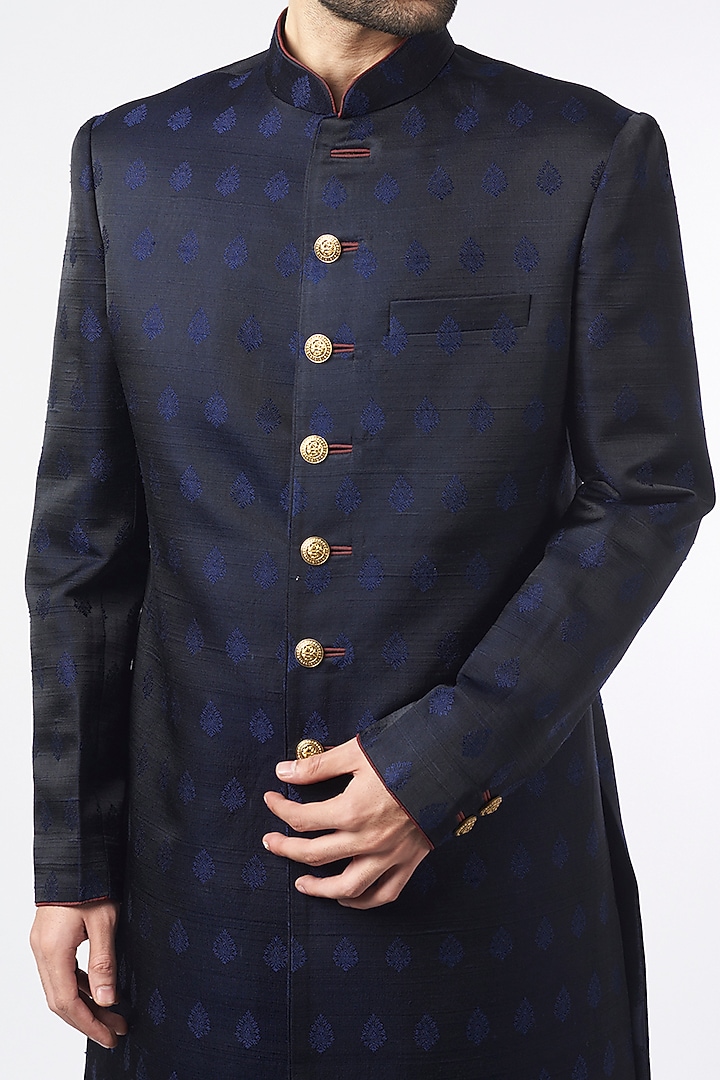 Navy Raw Silk Wedding Sherwani Set by Vanshik at Pernia's Pop Up Shop