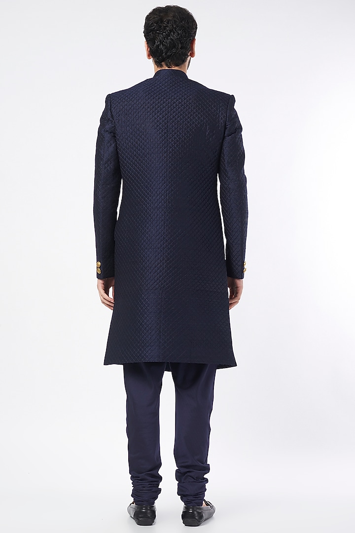 Navy Raw Silk Quilted Wedding Sherwani Set by Vanshik at Pernia's Pop Up Shop
