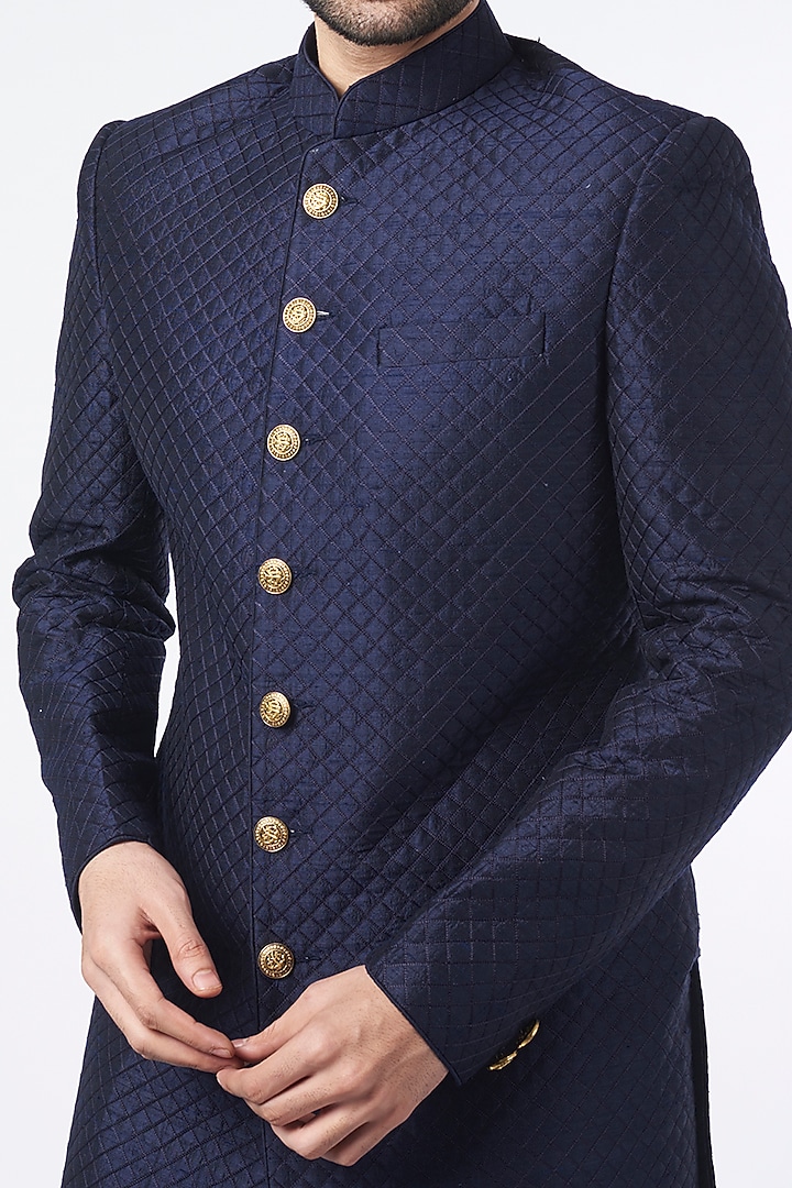 Navy Raw Silk Quilted Wedding Sherwani Set by Vanshik at Pernia's Pop Up Shop