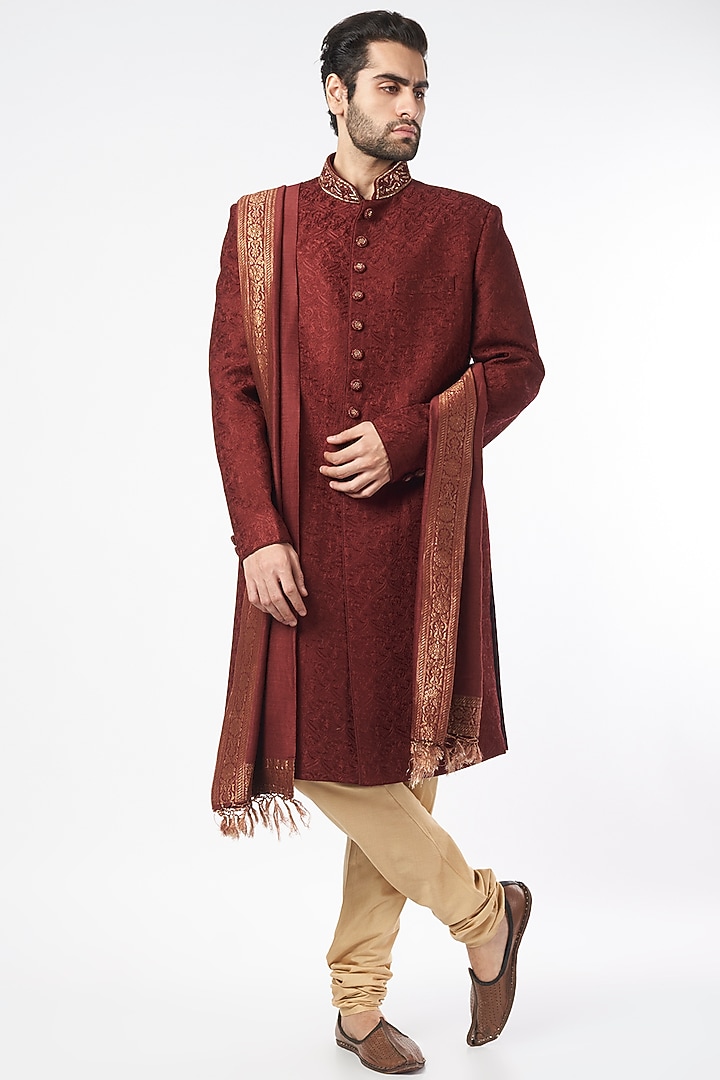 Maroon Chanderi Hand Embroidered Wedding Sherwani Set by Vanshik at Pernia's Pop Up Shop