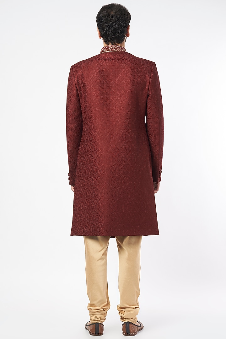 Maroon Chanderi Hand Embroidered Wedding Sherwani Set by Vanshik at Pernia's Pop Up Shop