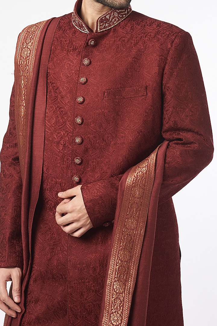 Maroon Chanderi Hand Embroidered Wedding Sherwani Set by Vanshik at Pernia's Pop Up Shop