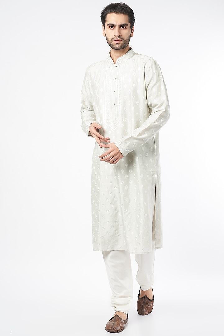 Silver Silk Kurta Set by Vanshik at Pernia's Pop Up Shop