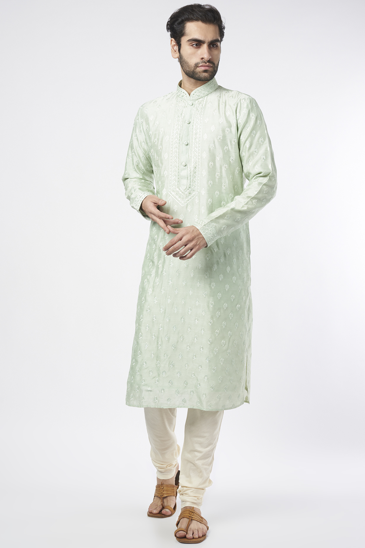 Mint Green Silk Kurta Set by Vanshik