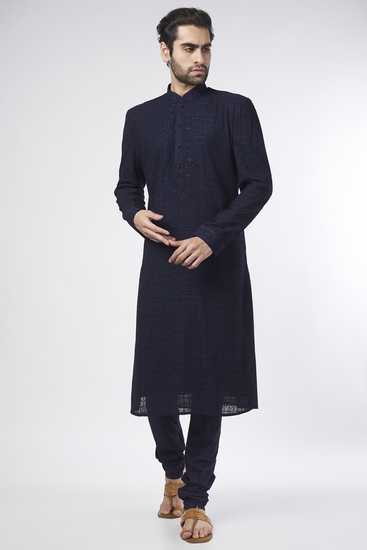 Navy Embroidered Lucknowi Kurta Set by Vanshik