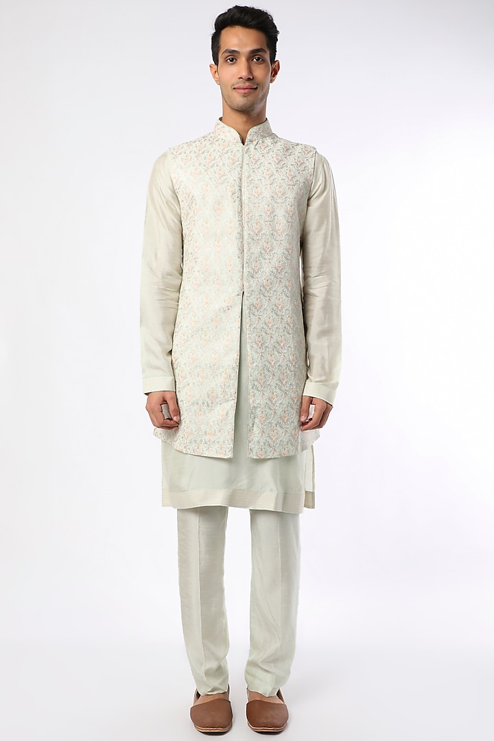 White Silk Nehru Jacket Set by Vanshik