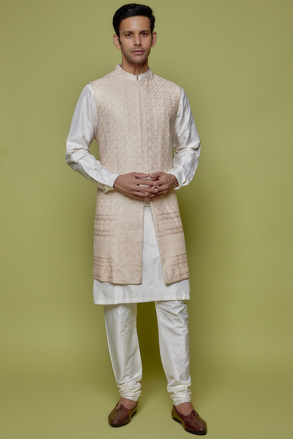 Peach Silk & Silk Blend Indo-Western Jacket by Vanshik