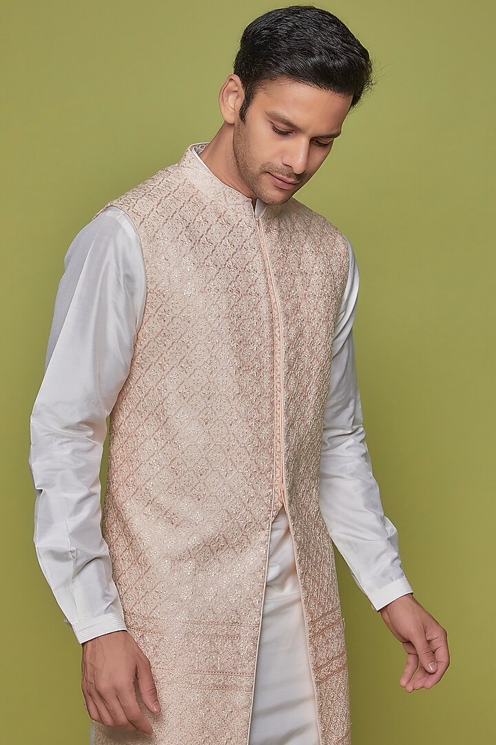 Peach Silk & Silk Blend Indo-Western Jacket by Vanshik at Pernia's Pop Up Shop