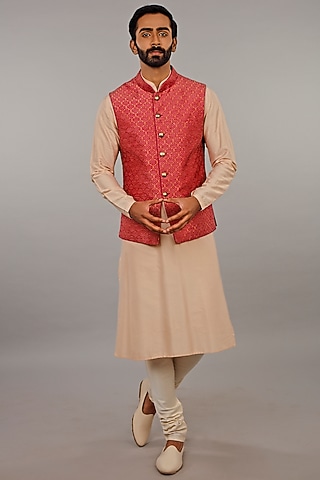 Magenta & Cream Kurta Set With Nehru Jacket by Vanshik
