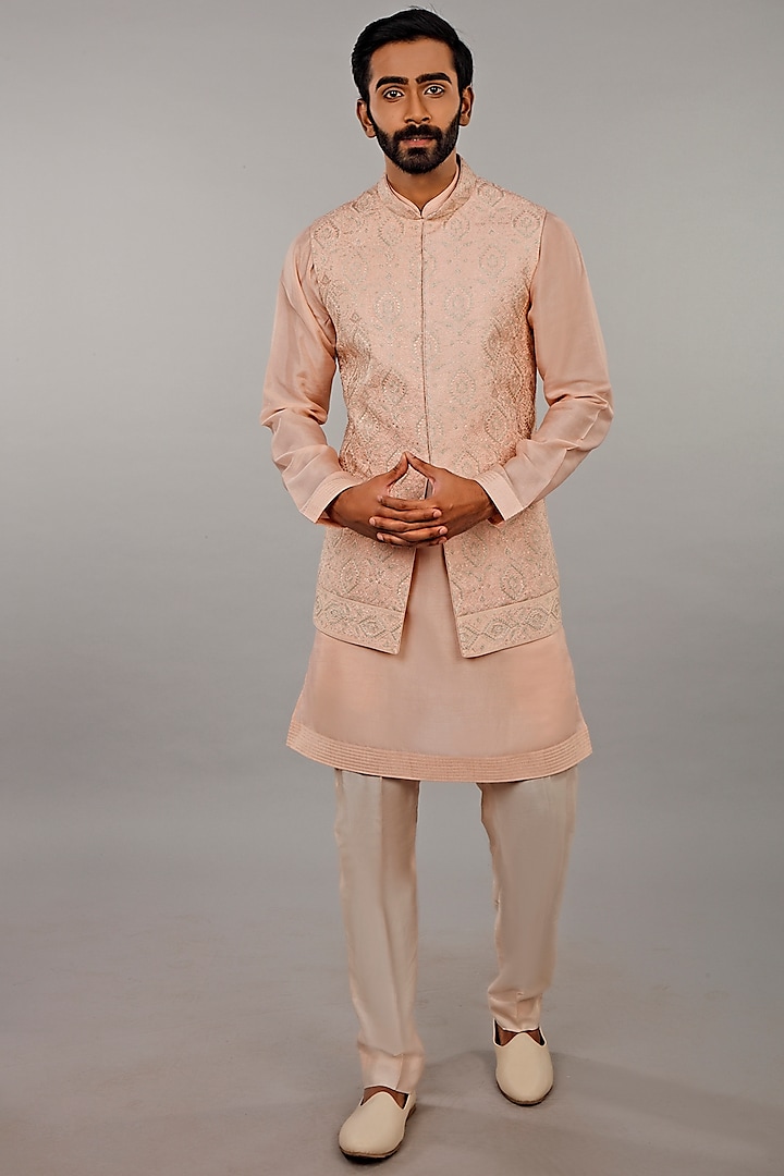 Beige Embroidered Nehru Jacket Set by Vanshik