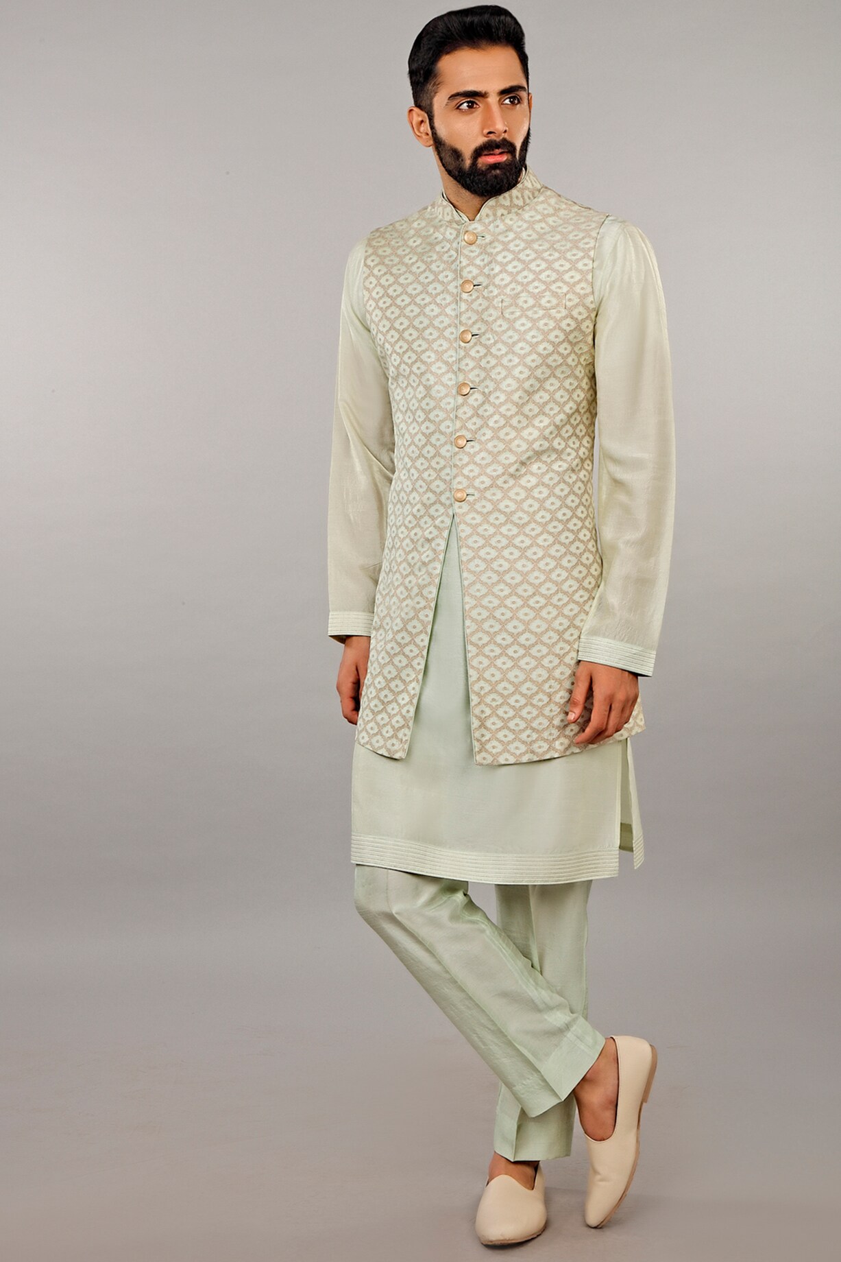 Mint Green Sherwani Jacket Kurta Trouser Set