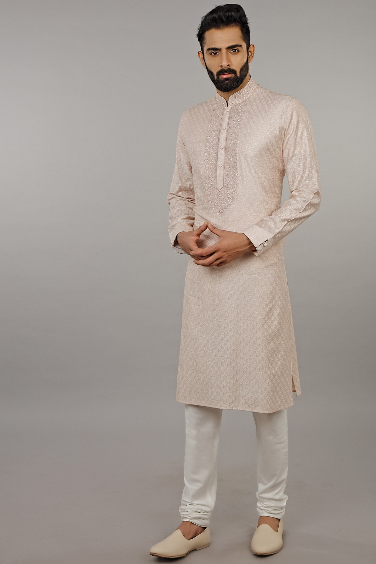 Peach Silk Embroidered Kurta Set by Vanshik at Pernia's Pop Up Shop