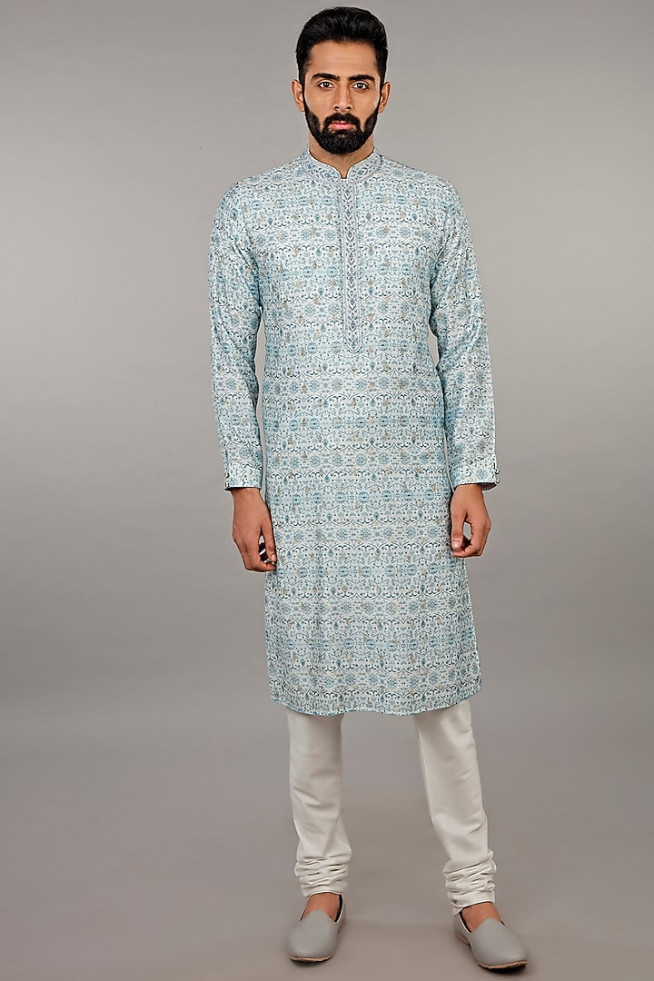 Aqua Blue Printed Kurta Set by Vanshik at Pernia's Pop Up Shop
