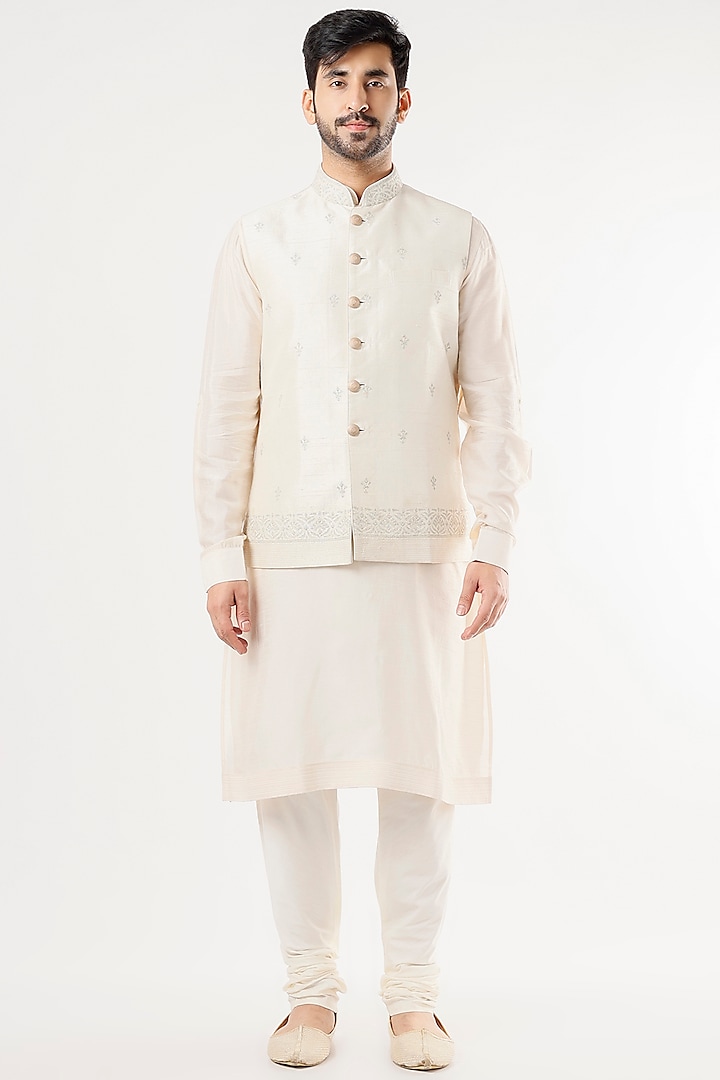 Ivory Embroidered Nehru Jacket Set by Vanshik
