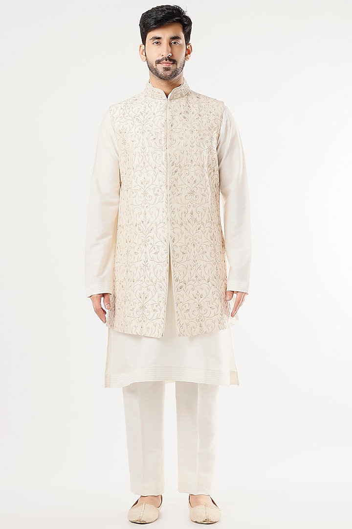 Ivory Embroidered Indo-Western Jacket Set by Vanshik