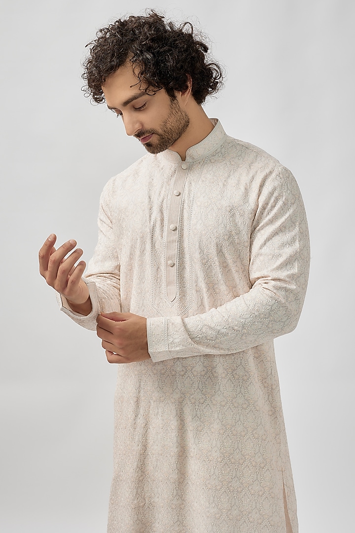 Grey Chanderi Silk Digital Printed & Embroidered Kurta Set by Vanshik at Pernia's Pop Up Shop
