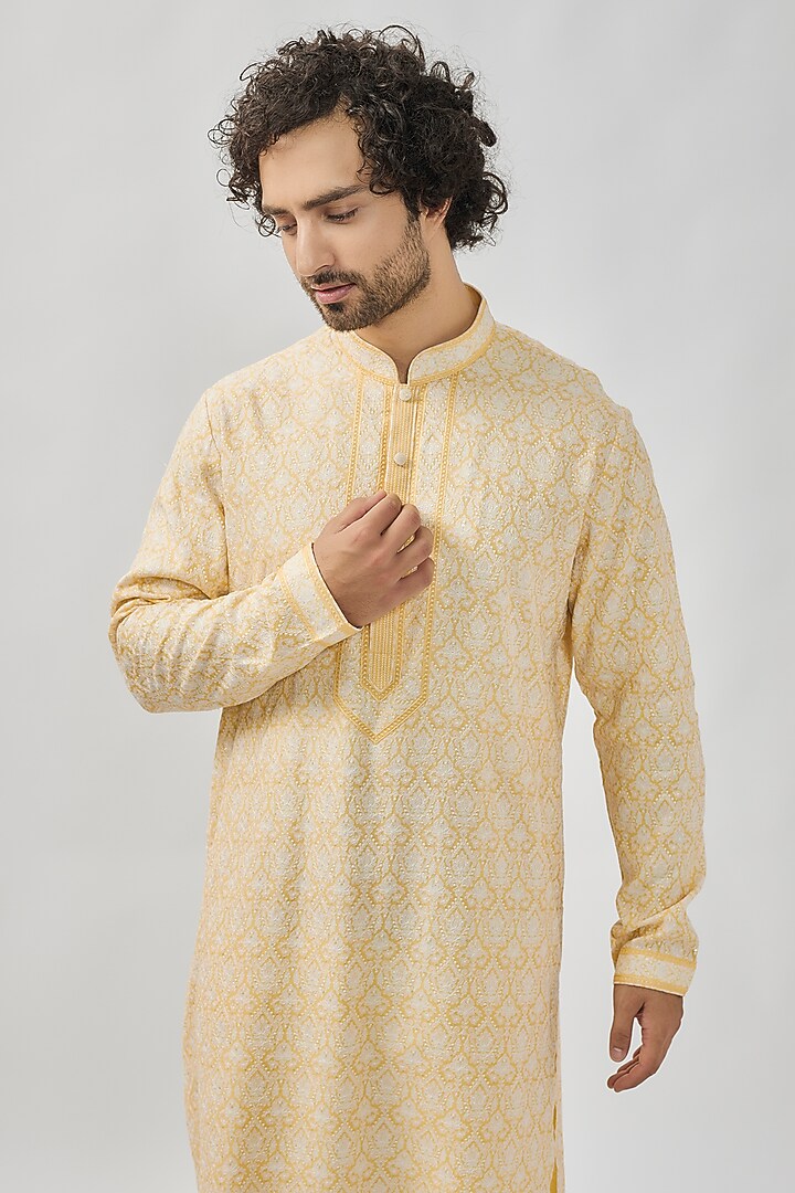 Yellow Chanderi Silk Digital Printed & Embroidered Kurta Set by Vanshik at Pernia's Pop Up Shop