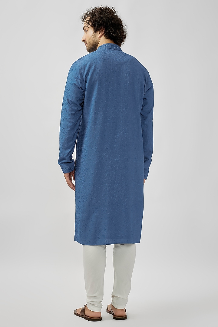 Blue Soft Silk Digital Embroidered Kurta Set by Vanshik at Pernia's Pop Up Shop