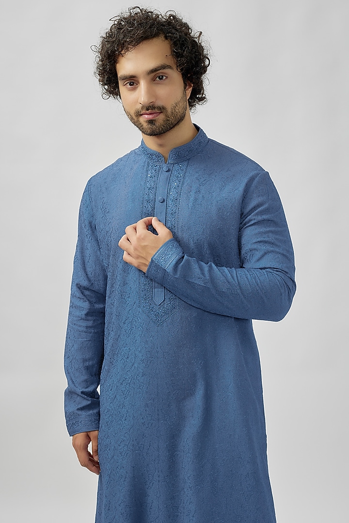 Blue Soft Silk Digital Embroidered Kurta Set by Vanshik at Pernia's Pop Up Shop