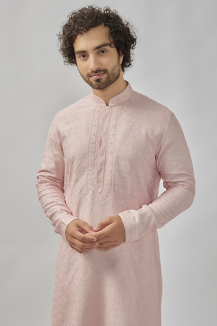 Pink Soft Silk Digital Embroidered Kurta Set by Vanshik at Pernia's Pop Up Shop
