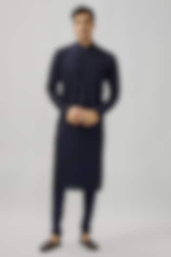 Navy Blue Soft Silk Hand Embroidered Kurta Set by Vanshik at Pernia's Pop Up Shop