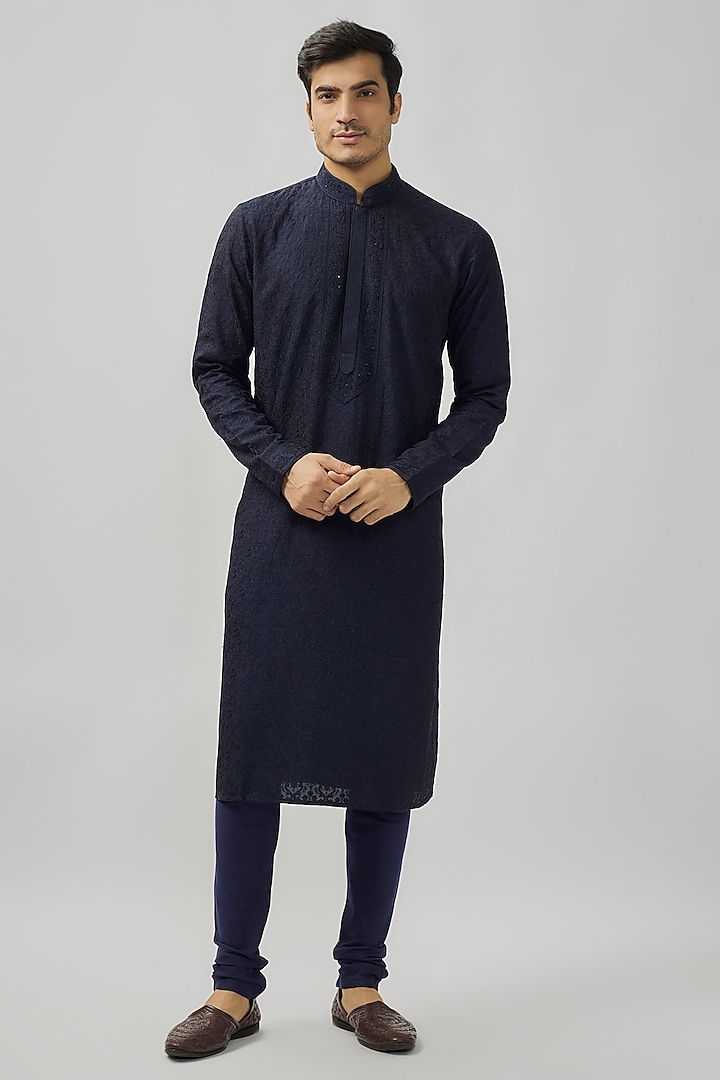 Navy Blue Soft Silk Hand Embroidered Kurta Set by Vanshik at Pernia's Pop Up Shop