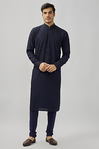 Navy Blue Soft Silk Hand Embroidered Kurta Set by Vanshik