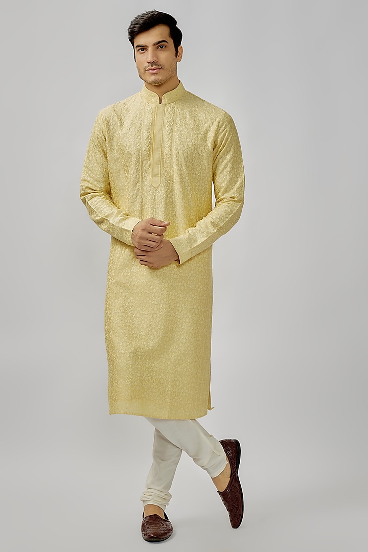 Yellow Soft Silk Digital Embroidered Kurta Set by Vanshik