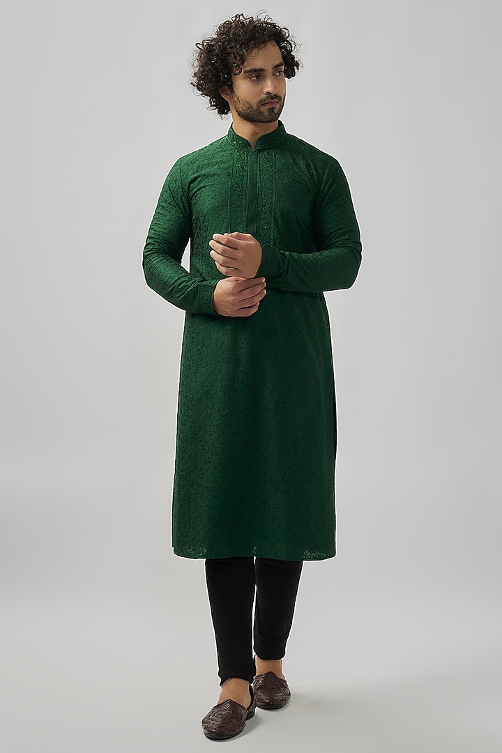Green Chanderi Silk Digital Printed & Sequins Embroidered Kurta Set by Vanshik at Pernia's Pop Up Shop
