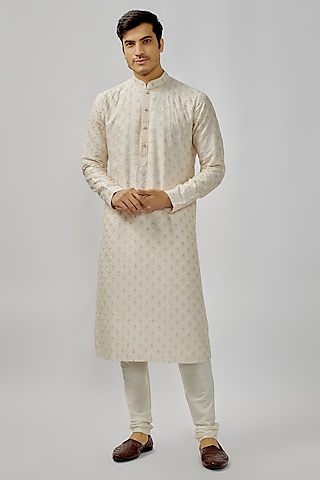 Pearl White Soft Silk Digital Embroidered Kurta Set by Vanshik