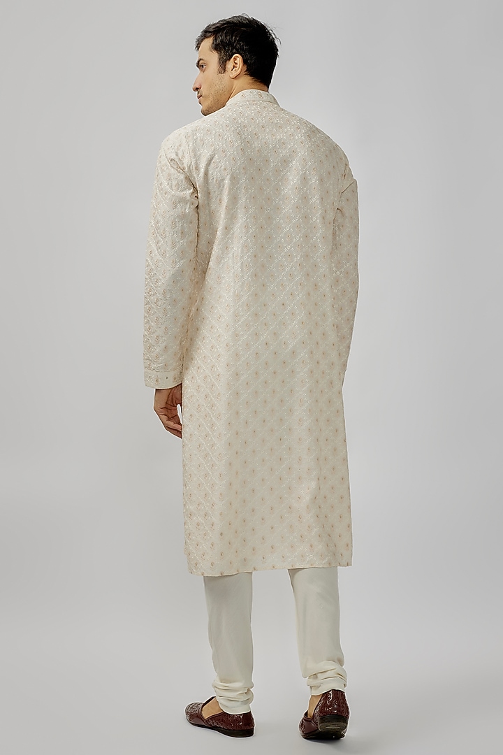 Pearl White Soft Silk Digital Embroidered Kurta Set by Vanshik at Pernia's Pop Up Shop