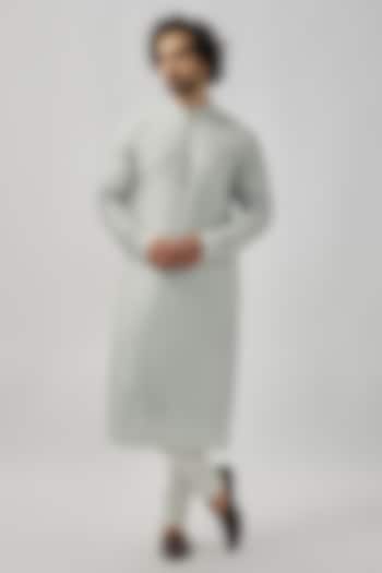 Mint Grey Chanderi Silk Digital Embroidered Kurta Set by Vanshik at Pernia's Pop Up Shop