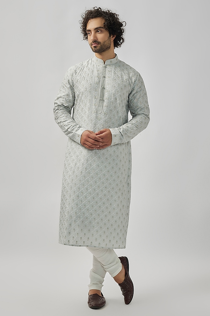 Mint Grey Chanderi Silk Digital Embroidered Kurta Set by Vanshik at Pernia's Pop Up Shop