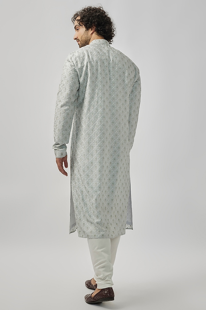 Mint Grey Chanderi Silk Digital Embroidered Kurta Set by Vanshik at Pernia's Pop Up Shop