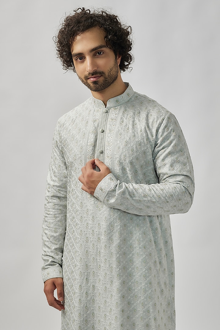 Mint Grey Chanderi Silk Digital Embroidered Kurta Set by Vanshik at Pernia's Pop Up Shop