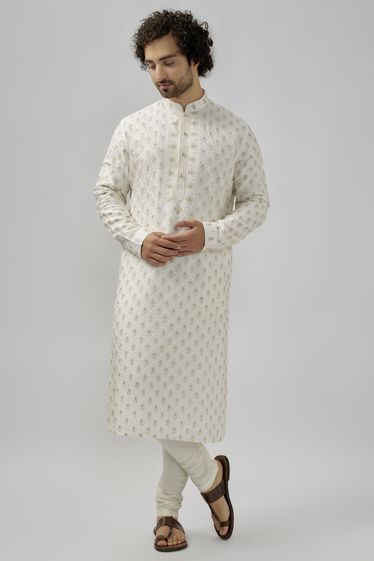 Ivory Soft Silk Digital Embroidered Kurta Set by Vanshik