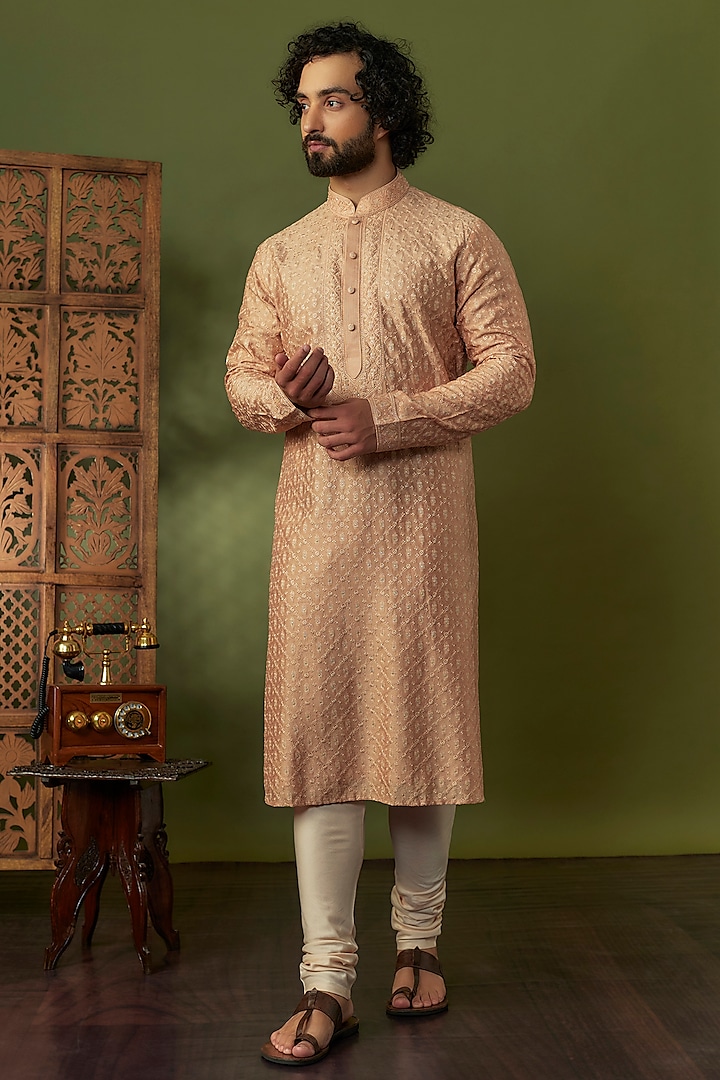 Light Rose Spun Silk Resham Floral Hand Embroidered Kurta Set by Vanshik at Pernia's Pop Up Shop