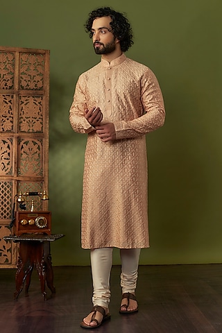 Light Rose Spun Silk Resham Floral Hand Embroidered Kurta Set by Vanshik