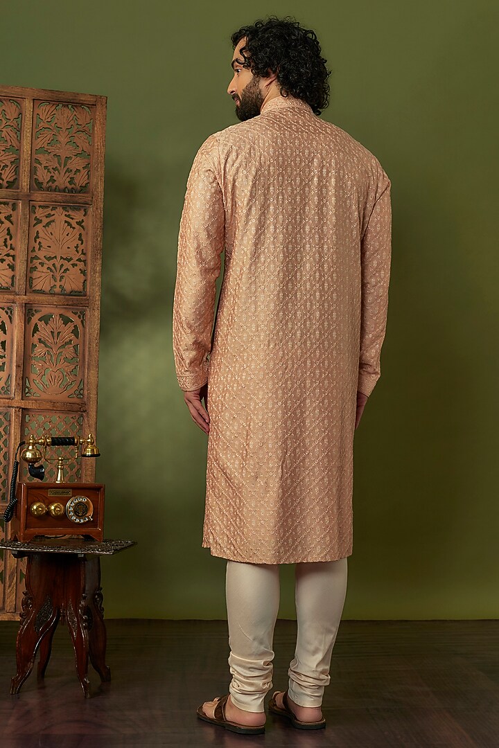 Light Rose Spun Silk Resham Floral Hand Embroidered Kurta Set by Vanshik at Pernia's Pop Up Shop