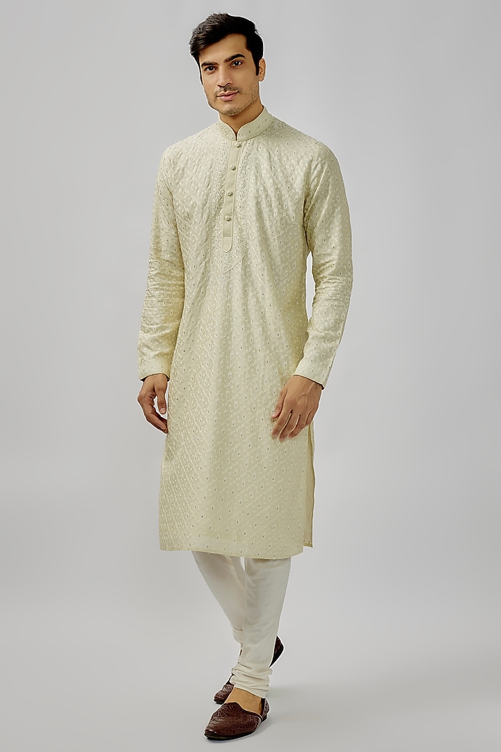 Mint Soft Silk Digital Embroidered Kurta Set by Vanshik