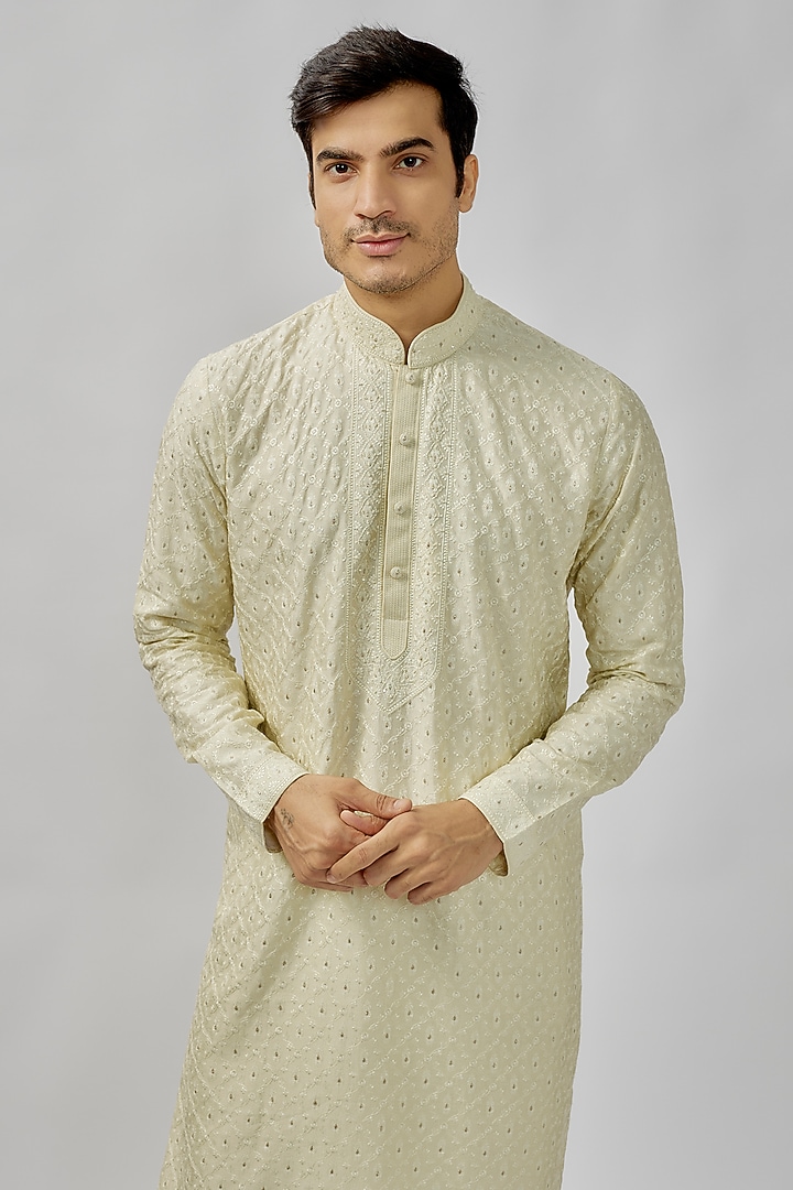 Mint Soft Silk Digital Embroidered Kurta Set by Vanshik at Pernia's Pop Up Shop