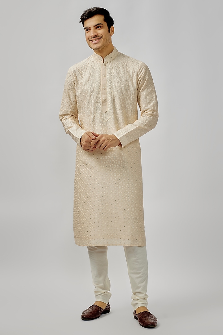 Beige Soft Silk Digital Embroidered Kurta Set by Vanshik