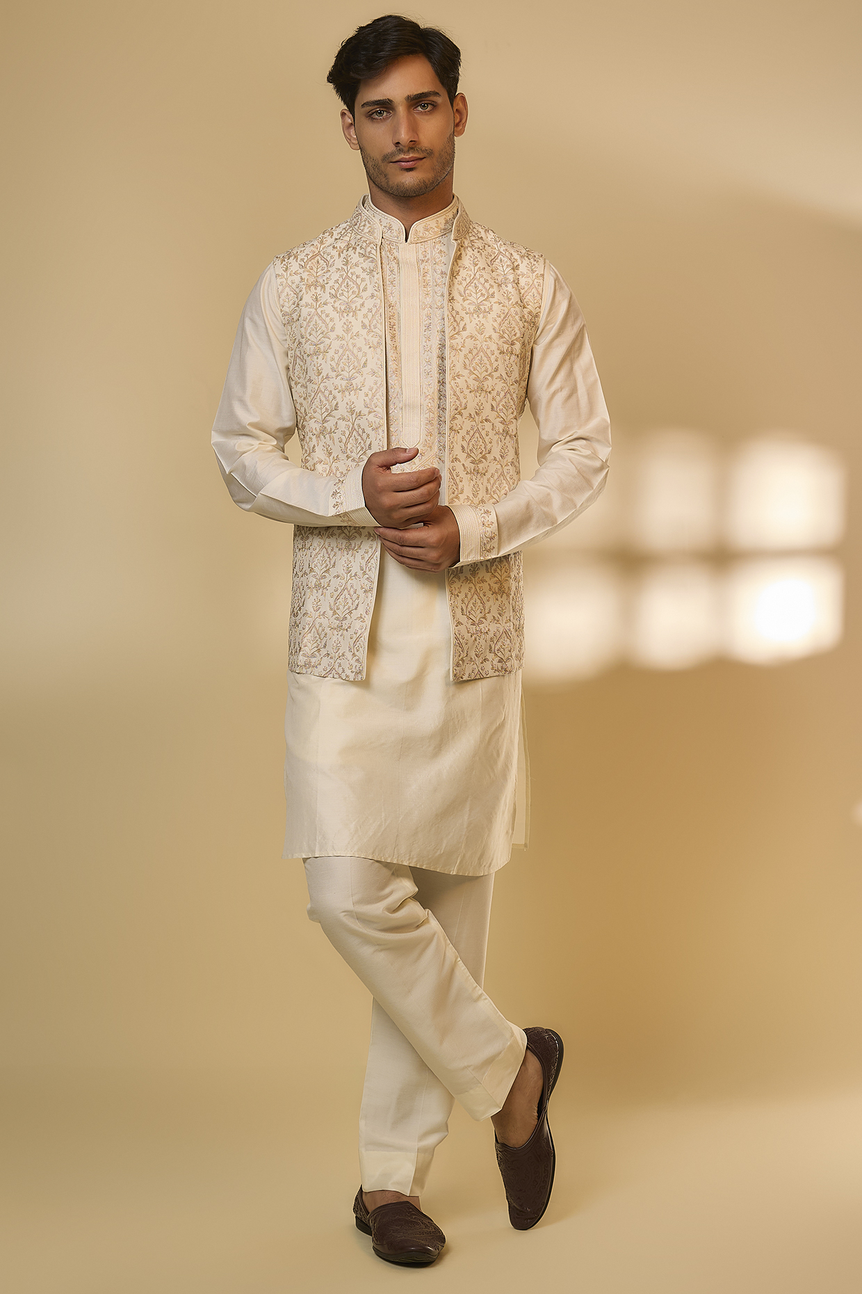 Pearl White Silk Self Embroidered Bundi Set by Vanshik
